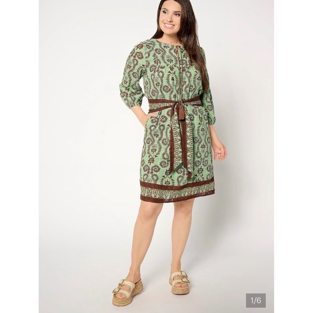 Green Floral Boho Shift Dress with Belt MP Chic Bohemian Indiechic